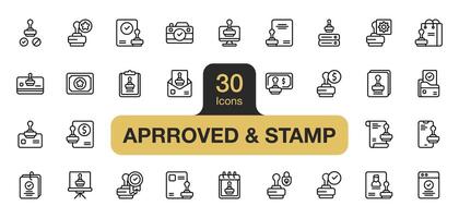 reeks van 30 goedgekeurd postzegel icoon element stelt. omvat winkelen, kaart, stempel, bestanden, document, markering, en meer. schets pictogrammen vector verzameling.