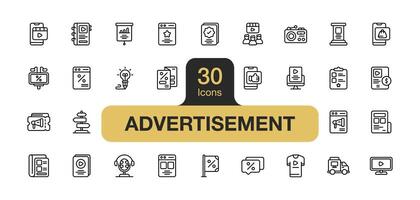 reeks van 30 advertentie icoon element stelt. omvat reclame, browser, podcast, marketing, aanplakbord, en meer. schets pictogrammen vector verzameling.