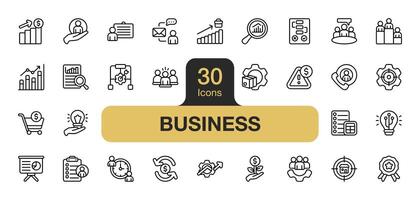 reeks van 30 bedrijf icoon element set. omvat gegevens, analyse, marketing, strategie, idee, financieel, en meer. schets pictogrammen vector verzameling.