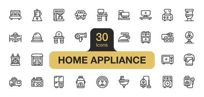 reeks van 30 huis toestel icoon element stelt. omvat het wassen machine, water verwarming, koelkast, fan, vacuüm schoner, elektrisch fornuis, televisie, en meer. schets pictogrammen vector verzameling.