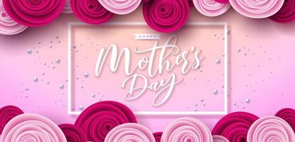 gelukkig moeder dag banier of ansichtkaart met papier harten en roos bloem Aan roze achtergrond. vector mam viering ontwerp met symbool van liefde voor groet kaart, folder, uitnodiging, brochure, poster.
