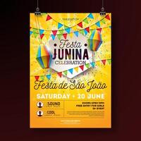 festa Junina partij folder illustratie met typografie ontwerp. vlaggen, papier lantaarn en confetti Aan geel achtergrond. vector Brazilië juni festival ontwerp voor uitnodiging of vakantie viering poster.