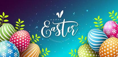 gelukkig Pasen vakantie ontwerp met geschilderd ei en groen bladeren Aan paars blauw achtergrond. Internationale religieus vector viering banier illustratie met typografie belettering voor groet kaart of
