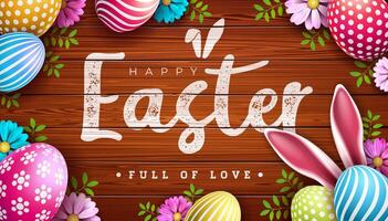 vector illustratie van gelukkig Pasen vakantie met kleurrijk geschilderd ei, konijn oren en voorjaar bloem Aan wijnoogst hout achtergrond. Pasen dag viering ontwerp met typografie brief voor folder