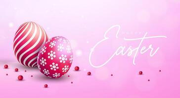 gelukkig Pasen vakantie banier ontwerp met kleurrijk ei en typografie belettering Aan licht roze achtergrond. Internationale christen religieus viering banier ontwerp voor groet kaart of partij vector