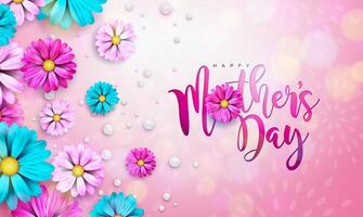 gelukkig moeder dag groet kaart ontwerp met bloem en typografie brief Aan roze achtergrond. vector viering illustratie sjabloon voor banier, folder, uitnodiging, brochure, poster