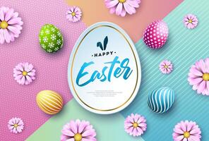 gelukkig Pasen illustratie met kleurrijk geschilderd ei, voorjaar bloem en konijn oren symbool Aan abstract pastel achtergrond. Internationale vakantie ontwerp voor groet kaart, partij uitnodiging of web spandoek. vector