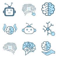 groepen van 9 kunstmatig intelligentie- icoon, symbolen verzameling, geïsoleerd bekleed machine ai icoon, reeks van brein, cybernetisch, ai, hoofd, technologie concepten vector
