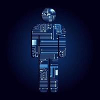 man symbool met een technologische elektronica-circuit. blauwe achtergrond. vector