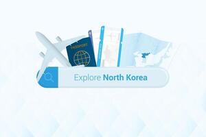 zoeken kaartjes naar noorden Korea of reizen bestemming in noorden Korea. zoeken bar met vliegtuig, paspoort, instappen slagen voor, kaartjes en kaart. vector