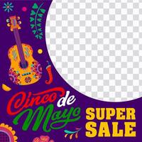 cinco de mayo uitverkoop aanbod banier, gitaar en bloem vector