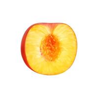realistisch rijp perzik fruit, voor de helft besnoeiing zonder zaad vector