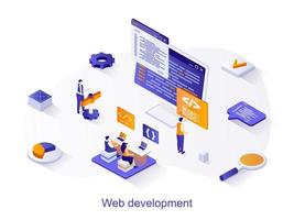 webontwikkeling isometrisch webconcept. mensen maken en optimaliseren een webpagina, werken met code en interface-ontwerp. programmeurs teamwork scene. vectorillustratie voor websitesjabloon in 3D-ontwerp vector