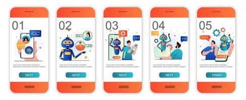 onboarding-schermen voor virtuele assistent-concepten voor sjablonen voor mobiele apps. technische ondersteuning en chatbots. moderne ui, ux, gui-schermen gebruikersinterfacekit met mensenscènes voor webdesign. vector illustratie