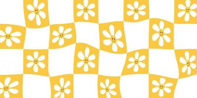 groovy golvend schaakbord patroon groot plein met schattig bloem in geel gaas. rooster achtergrond, psychedelisch retro stijl. vector