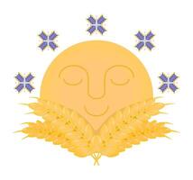 oren van tarwe, borduurwerk bloemen en schattig zon, vector oekraïens afdrukken in geel en blauw kleuren