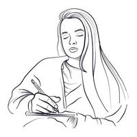 hand getekend tekening van een vrouw schrijven met een pen in een dagboek vector illustratie