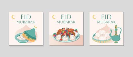 eid mubarak groet kaart set. feestelijk achtergrond met Arabisch snoepgoed en thee. traditioneel voedsel voor vakantie van eid al geschikt. pannekoeken, Turks vreugde. zoet gebakjes met room. vector illustratie.