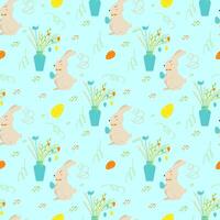 naadloos vector Pasen patroon met schattig weinig konijn en vaas met takken versierd eieren. afdrukken voor textiel, pak, kleding stof, behang, inpakken.