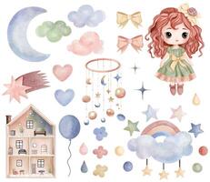 waterverf speelgoed pop, marionet huis. reeks van vector hand- getrokken kinderkamer elementen, wolken, maan, regenboog, sterren