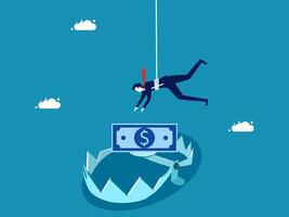 financieel risico. zakenman proberen naar bereiken de val met dollar rekeningen vector