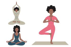 verzameling van Afrikaanse Amerikaans Dames zittend in yoga lotus houding vector