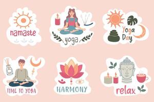 yoga stickers concept met belettering. insigne, etiket met belettering vector