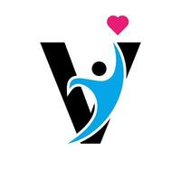 Gezondheid zorg logo Aan brief v liefde, hart symbool. liefdadigheid logotype vector