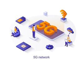 5g netwerktechnologie isometrisch webconcept. mensen die een snelle draadloze internetverbinding gebruiken. wereldwijd netwerk per telefoon mobiel internet scene. vectorillustratie voor websitesjabloon in 3D-ontwerp vector