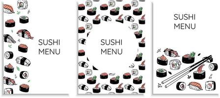 vector hand- getrokken reeks van sushi menu ontwerpen. Japans voedsel restaurant posters