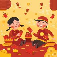 twee kinderen vieren chinees nieuwjaar vector