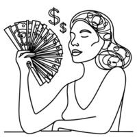 doorlopend een lijn meisje Holding geld ventilator tegen haar gezicht tekening vector illustratie Aan wit achtergrond
