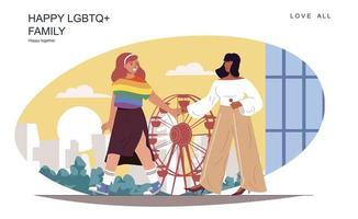 gelukkig lgbt-familieconcept. liefhebbende vrouwen die in het pretpark lopen, tijd samen doorbrengen. divers multiraciaal koppel, dagelijks leven van een lesbische relatie. vectorillustratie van mensen in plat ontwerp vector