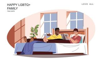 gelukkig lgbt-familieconcept. liefdevolle mannen liggen in bed, lezen boek of praten, ontspannen samen thuis. multiraciaal homoseksueel paar, homoseksuele relatie dagelijks leven. vectorillustratie van mensen in plat ontwerp vector