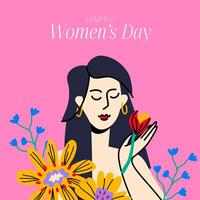 Internationale vrouwen dag ansichtkaart ontwerp. vrouw Holding tulp in stoutmoedig bloemen omgeving. feminisme en zelf liefde concept. vlak kleurrijk vector geïsoleerd illustratie Aan roze achtergrond