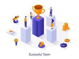 succesvol team isometrisch webconcept. mensen die samenwerken, zakelijke doelen bereiken, waardevolle trofeeën winnen en een winnaarsbeker ontvangen. vectorillustratie voor websitesjabloon in 3D-ontwerp vector
