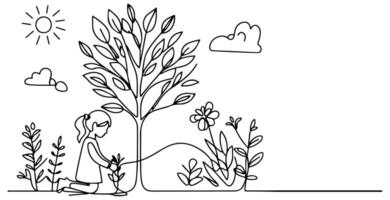 doorlopend een zwart lijn kunst tekening silhouet van kinderen aanplant boom. Schep opgravingen wortels fabriek in grond naar opslaan de wereld en aarde dag verminderen globaal opwarming groei vector