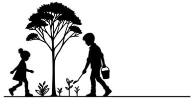 doorlopend een zwart lijn kunst tekening silhouet van kinderen aanplant boom. Schep opgravingen wortels fabriek in grond naar opslaan de wereld en aarde dag verminderen globaal opwarming groei vector