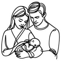 doorlopend een zwart lijn kunst tekening ouders met pasgeboren baby doodles schets stijl vector illustratie Aan wit achtergrond