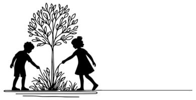 doorlopend een zwart lijn kunst tekening silhouet van kinderen aanplant boom. Schep opgravingen wortels fabriek in grond naar opslaan de wereld en aarde dag verminderen globaal opwarming groei vector