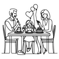 single doorlopend tekening zwart lijn familie avondeten zittend Bij tafel naar viering verjaardag verjaardag partij doodles vector