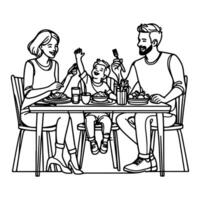 doorlopend een zwart lijn kunst tekening gelukkig familie vader en moeder met kind. hebben avondeten zittend Bij tafel doodles stijl vector illustratie Aan wit achtergrond