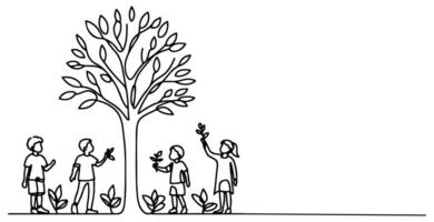 doorlopend een zwart lijn kunst tekening silhouet van kinderen aanplant boom. Schep opgravingen wortels fabriek in grond naar opslaan de wereld en aarde dag verminderen globaal opwarming groei vector