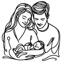 doorlopend een zwart lijn kunst tekening ouders met pasgeboren baby doodles schets stijl vector illustratie Aan wit achtergrond