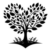 zwart liefde boom met hart bladeren. hand- trek Valentijn boom silhouet klem kunst geïsoleerd Aan wit achtergrond, vector illustratie