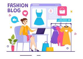 mode blog vector illustratie met bloggers recensie videos van modieus kleren trends en rennen online in vlak tekenfilm achtergrond stijl