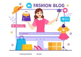 mode blog vector illustratie met bloggers recensie videos van modieus kleren trends en rennen online in vlak tekenfilm achtergrond stijl