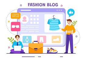 mode blog vector illustratie met bloggers recensie videos van modieus kleren trends en rennen online in vlak tekenfilm achtergrond stijl