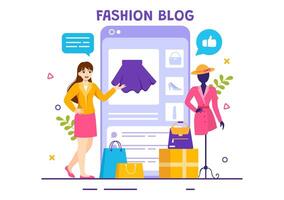 mode blog vector illustratie met bloggers recensie videos van modieus kleren trends en rennen online in vlak tekenfilm achtergrond stijl