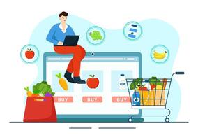 online kruidenier op te slaan vector illustratie met voedsel Product planken, rekken zuivel, fruit en drankjes voor boodschappen doen bestellen via telefoon in achtergrond